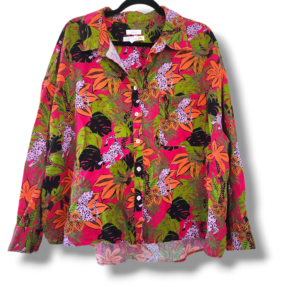 C&C California 100% linen button down shirt blouse magenta tropical print 2X new